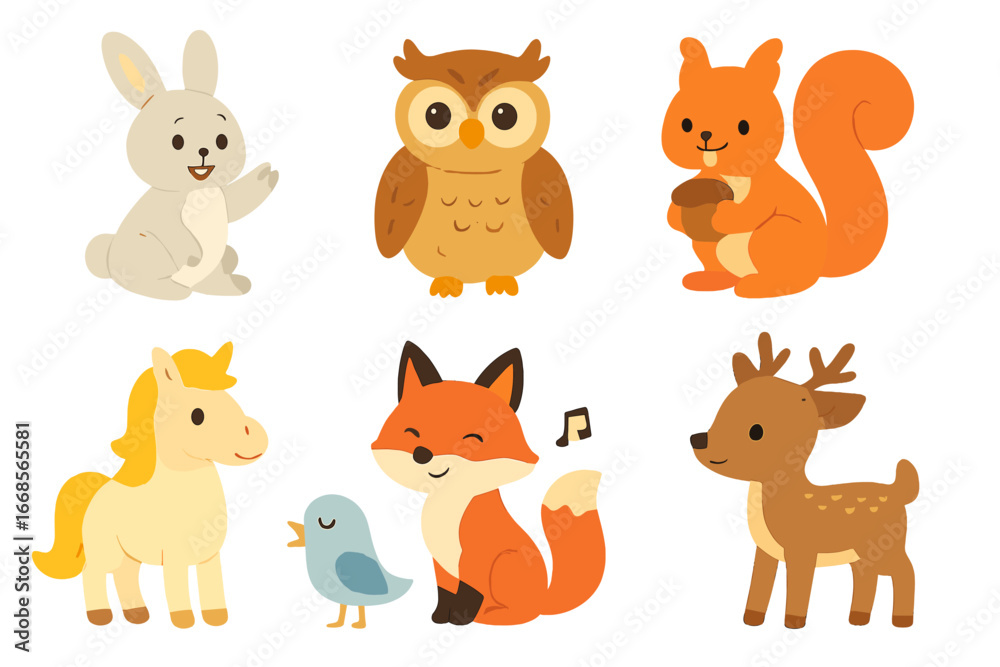 Fototapeta premium Fairy Tale Animal Icons. Flat vector mini-illustrations fairy tale animals in colors children's illustrations: talking rabbit,