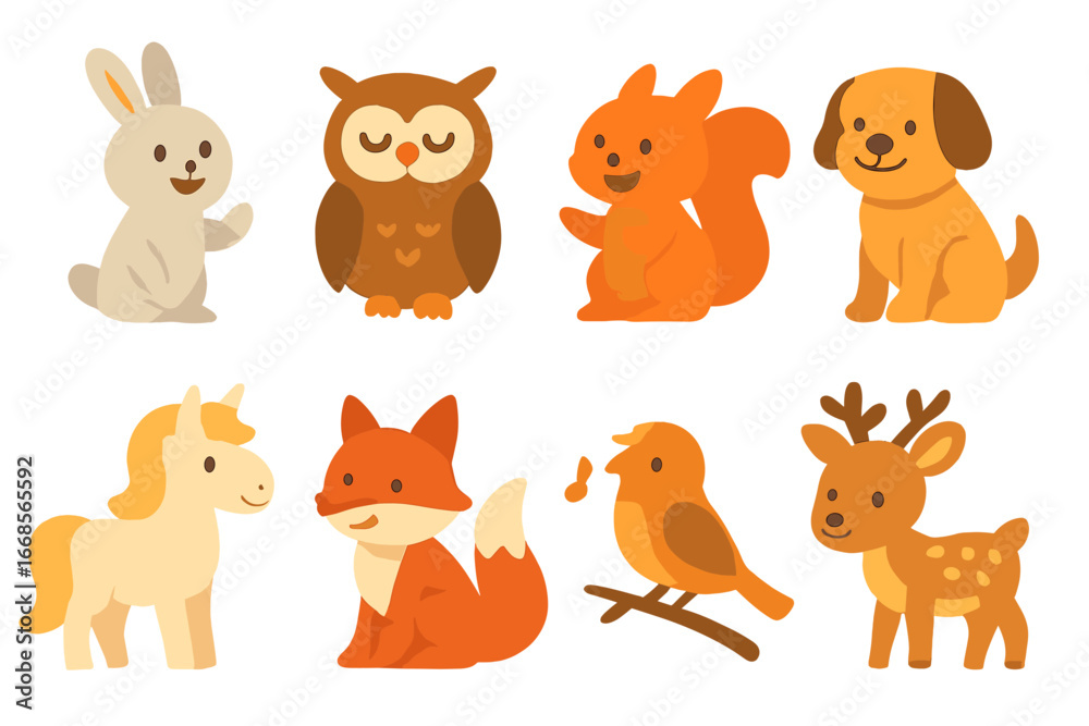 Fototapeta premium Fairy Tale Animal Icons. Flat vector mini-illustrations fairy tale animals in colors children's illustrations: talking rabbit,
