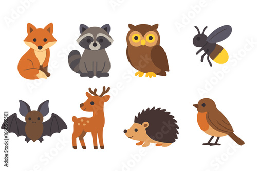 Evening Animals Grid. Flat vector mini-illustrations evening animals in colors children's illustrations: fox, raccoon, owl,