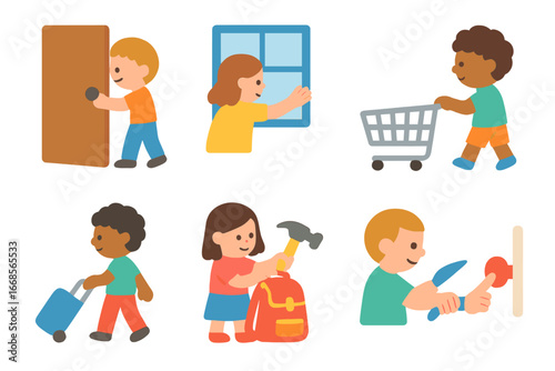 Everyday Tasks for Kids. Flat vector mini-illustrations everyday forces in colors children's illustrations: opening door, closing