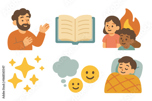 Fable Storytelling Icons. Flat vector mini-illustrations fable storytelling in colors children's illustrations: storyteller, open