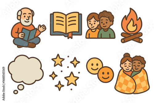 Fable Storytelling Icons. Flat vector mini-illustrations fable storytelling in colors children's illustrations: storyteller, open