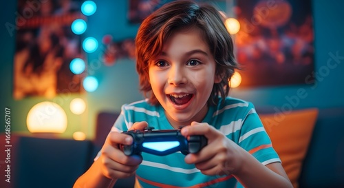 Boy with controller smiles while playing video game in a room with colorful lighting and decorations