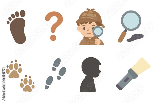 Footprint Mystery Icons. Flat vector mini-illustrations mysterious footprints in colors children's illustrations: large footprint,