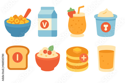 Fortified Breakfast Icons. Flat vector mini-illustrations fortified breakfast foods in colors children's illustrations: fortified
