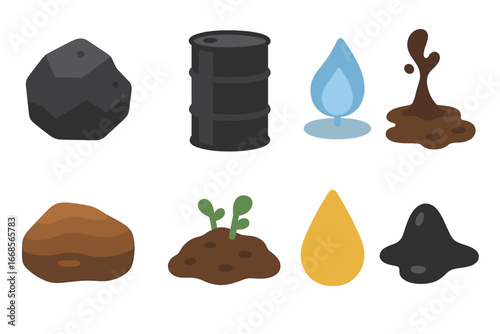 Fossil Fuel Icons. Flat vector mini-illustrations fossil raw materials in colors children's illustrations: coal lump, crude oil