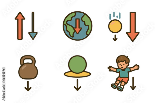 Gravity for Kids. Flat vector mini-illustrations gravitational force in colors children's illustrations: force arrows, earth pull,