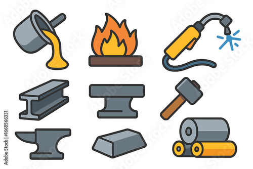 Ironworks Children's Illustrations. Flat vector mini-illustrations iron and steelworks in colors children's illustrations: molten