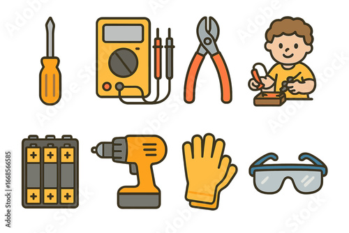 Kids' Electrical Tools. Flat vector mini-illustrations electrical tools in colors children's illustrations: screwdriver,