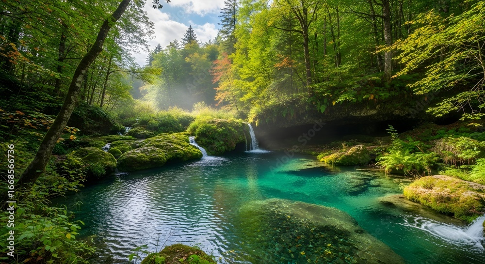 Obraz premium A serene turquoise pond nestled within a lush green forest with a small waterfall flowing into it