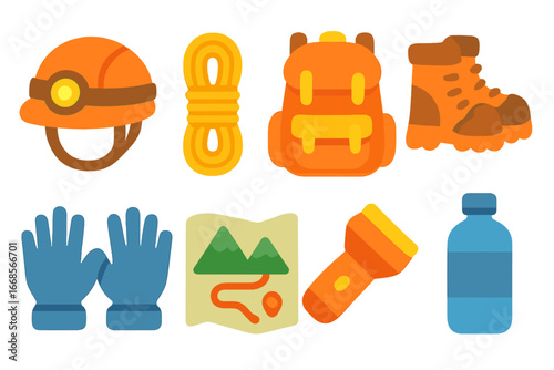 Kids' Spelunking Gear. Flat vector mini-illustrations spelunking gear in colors children's illustrations: helmet with light, rope,
