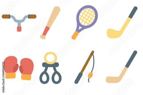 Kids' Sports Equipment Icons. Flat vector mini-illustrations grips in sports equipment in colors children's illustrations: bicycle