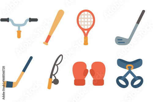 Kids' Sports Equipment Icons. Flat vector mini-illustrations grips in sports equipment in colors children's illustrations: bicycle