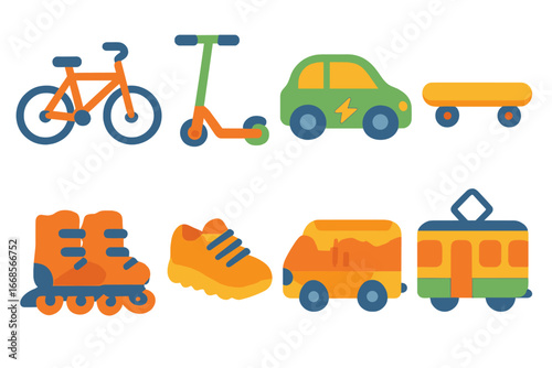 Kids' Transport Icons. Flat vector mini-illustrations alternative transportation in colors children's illustrations: bicycle,