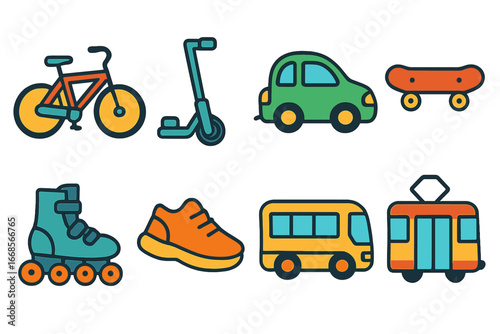 Kids' Transport Icons. Flat vector mini-illustrations alternative transportation in colors children's illustrations: bicycle,