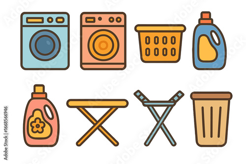 Laundry Room Essentials. Flat vector mini-illustrations laundry room essentials in colors children's illustrations: washing