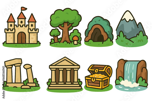 Legendary Places Icons. Flat vector mini-illustrations legendary places in colors children's illustrations: castle, enchanted