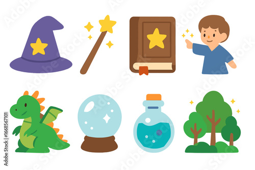 Magical Quest Icons. Flat vector mini-illustrations magical quest in colors children's illustrations: wizard hat, magic wand,
