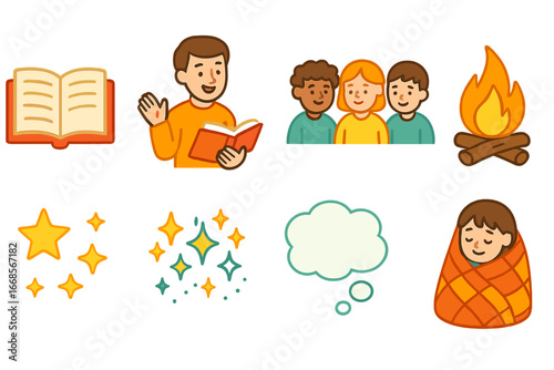 Magical Storytime Icons. Flat vector mini-illustrations legend storytelling in colors children's illustrations: open storybook,