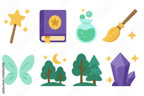 Magical Tales Icons. Flat vector mini-illustrations magical tales in colors children's illustrations: sparkling wand, magic book,