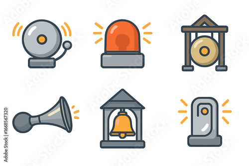 Metallic Alarm Sounds. Flat vector mini-illustrations metallic alarm sounds in colors children's illustrations: metal alarm bell,