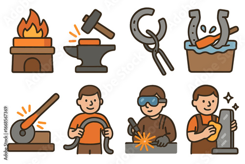 Metalwork for Kids. Flat vector mini-illustrations metalworking process in colors children's illustrations: heating metal,