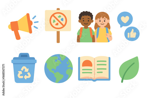 Microplastic Awareness Icons. Flat vector mini-illustrations microplastic awareness in colors children's illustrations: megaphone,