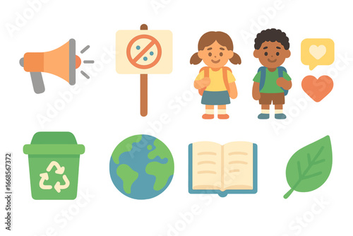 Microplastic Awareness Icons. Flat vector mini-illustrations microplastic awareness in colors children's illustrations: megaphone,