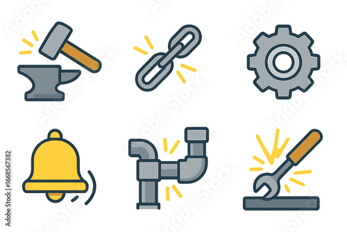 Metallic Sounds Icons. Flat vector mini-illustrations industrial metallic sounds in colors children's illustrations: metal hammer