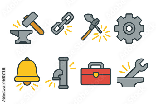 Metallic Sounds Icons. Flat vector mini-illustrations industrial metallic sounds in colors children's illustrations: metal hammer