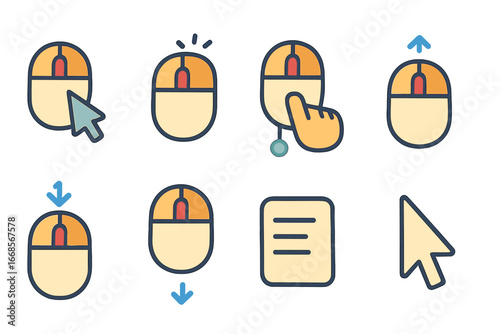 Mouse Action Icons. Flat vector mini-illustrations computer mouse actions in colors children's illustrations: click, double click,