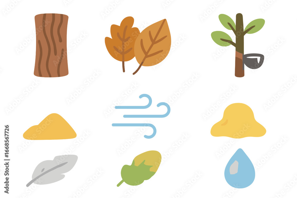 Naklejka premium Nature Elements Icons. Flat vector mini-illustrations insulator in nature in colors children's illustrations: tree bark, dry