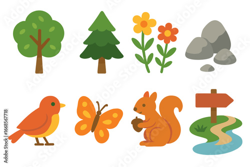 Nature Trail Icons. Flat vector mini-illustrations nature trail in colors children's illustrations: trees, flowers, rocks, bird,
