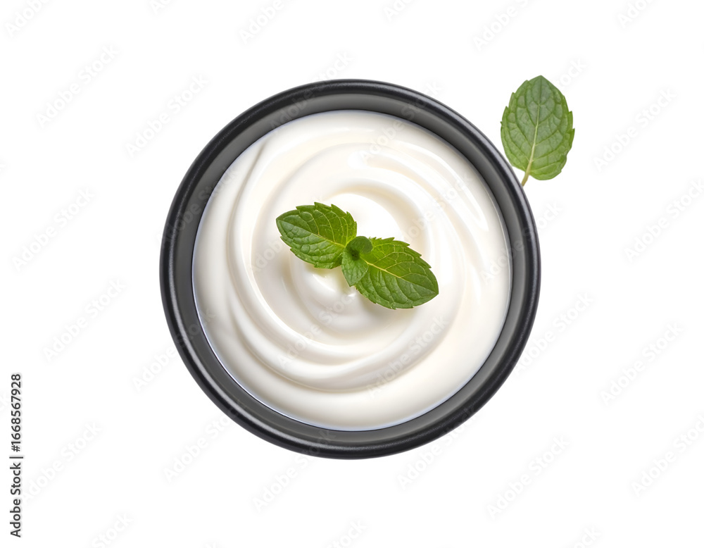 Obraz premium Creamy Delight: a bowl of pristine, silky, white yogurt garnished with a sprig of fresh mint