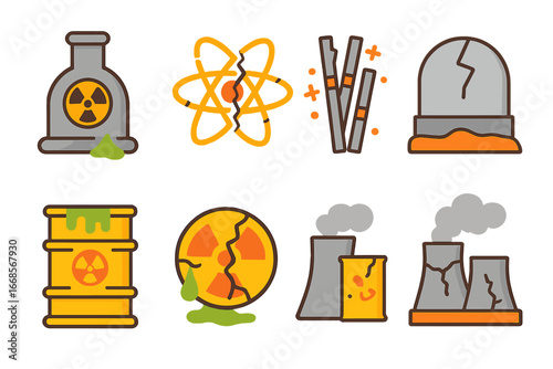 Nuclear Energy Mishaps. Flat vector mini-illustrations nuclear energy loss in colors children's illustrations: leaking reactor,