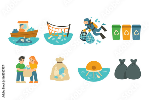 Ocean Cleanup Icons. Flat vector mini-illustrations cleanup efforts plastic island in colors children's illustrations: cleanup
