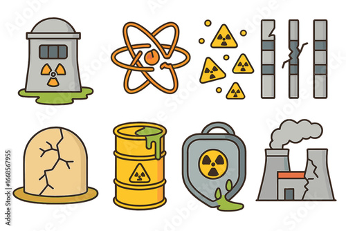 Nuclear Energy Mishaps. Flat vector mini-illustrations nuclear energy loss in colors children's illustrations: leaking reactor,