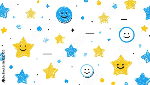 Whimsical pattern of blue and yellow stars and smiley faces on white background