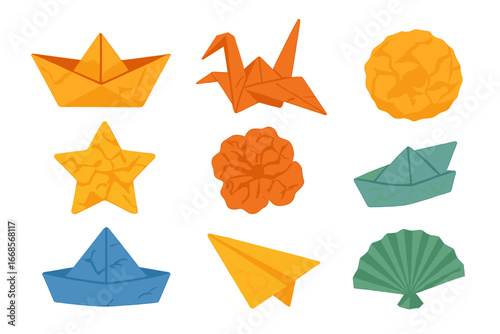 Origami Paper Art. Flat vector mini-illustrations paper crafts wrinkles in colors children's illustrations: folded paper boats,