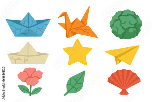 Origami Paper Art. Flat vector mini-illustrations paper crafts wrinkles in colors children's illustrations: folded paper boats,