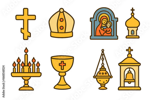 Orthodox Church Icons. Flat vector mini-illustrations Orthodox church symbols in colors children's illustrations: golden cross,