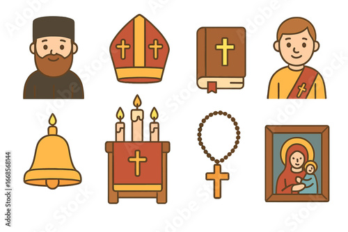 Orthodox Clergy Icons. Flat vector mini-illustrations Orthodox clergy in colors children's illustrations: priest with beard,