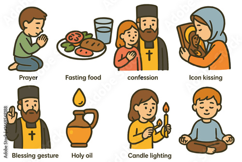 Orthodox Spiritual Practices. Flat vector mini-illustrations orthodox spiritual practices in colors children's illustrations: