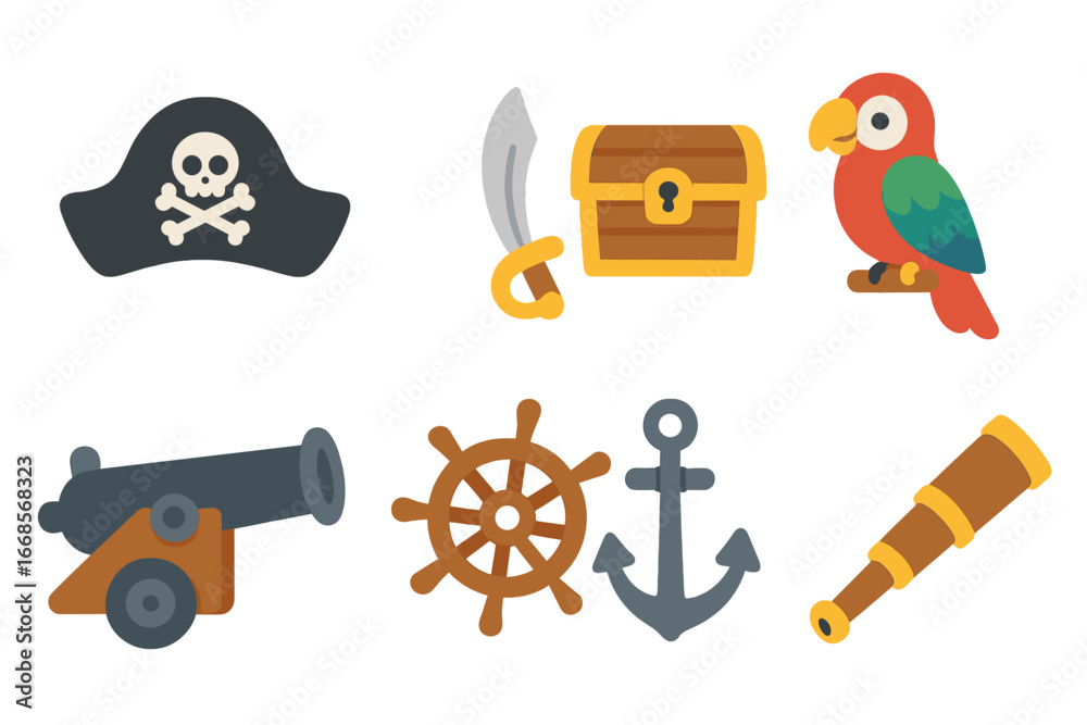 Fototapeta premium Pirate Adventure Icons. Flat vector mini-illustrations pirate adventure in colors children's illustrations: pirate hat, cutlass,