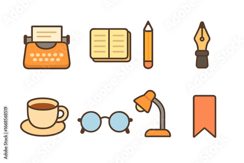 Poet's Creative Tools. Flat vector mini-illustrations poet tools in colors children's illustrations: typewriter, notebook, pencil,