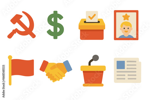 Political Ideologies Icons Grid. Flat vector mini-illustrations political ideologies in colors children's illustrations: communist
