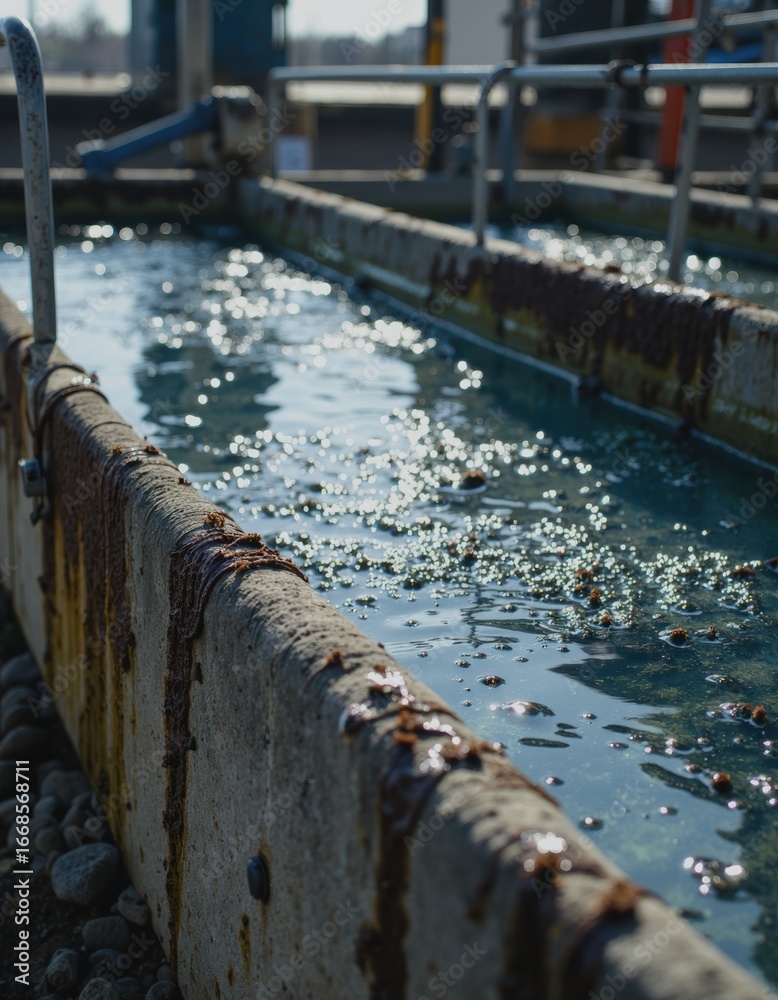 Fototapeta premium Water treatment plant operator standing at the clarifier bridge overseeing operations