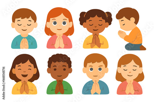 Prayer Emotions Icons. Flat vector mini-illustrations prayer emotions in colors children's illustrations: peaceful face, hopeful