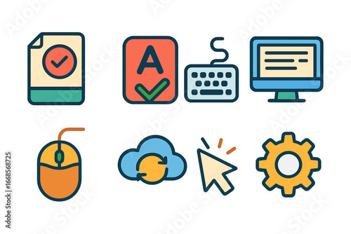 Proofreading Tools Icons. Flat vector mini-illustrations proofreading tools digital in colors children's illustrations: spell