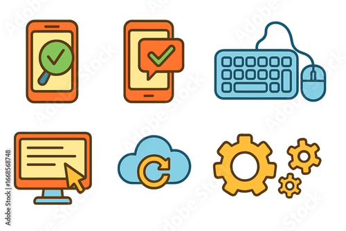 Proofreading Tools Icons. Flat vector mini-illustrations proofreading tools digital in colors children's illustrations: spell